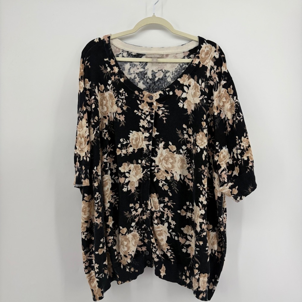 Woman Within Womens 4X Black Floral Cardigan Sweater Short Sleeve Cotton Knit